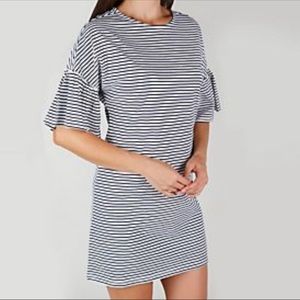 Beach lunch lounge Sierra dress navy stripe flutter ruffles sleeves knee length